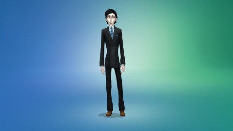 Severance AU Victor Sims 4 Victor in a black suit with a blue shirt, blue patterned tie, and blue pocket square, and brown shoes