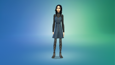 Teenager Alice A teenager version of Alice Liddell in Sims 4, wearing a thigh-length blue checked dress over a longsleeved black shirt, diamond pattern black high socks, and fancy black low boots